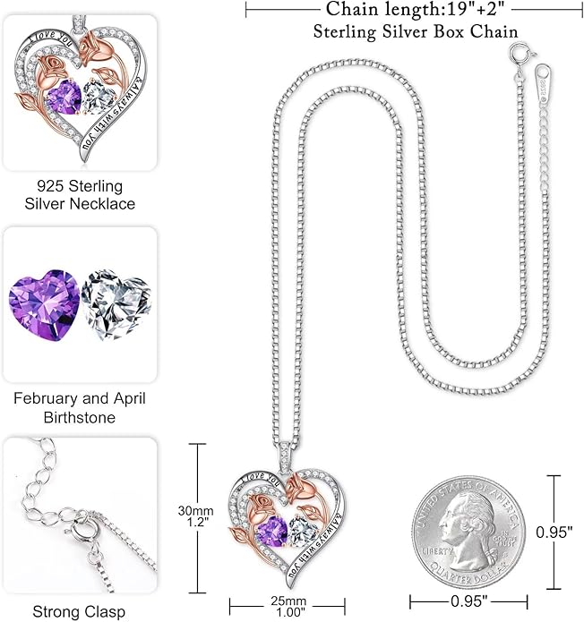 Iefil Christmas Gifts for Women Wife - 925 Sterling Silver Rose Heart Birthstone Necklace Birthday Anniversary Jewelry Gifts for Her Wife Mom Daughter