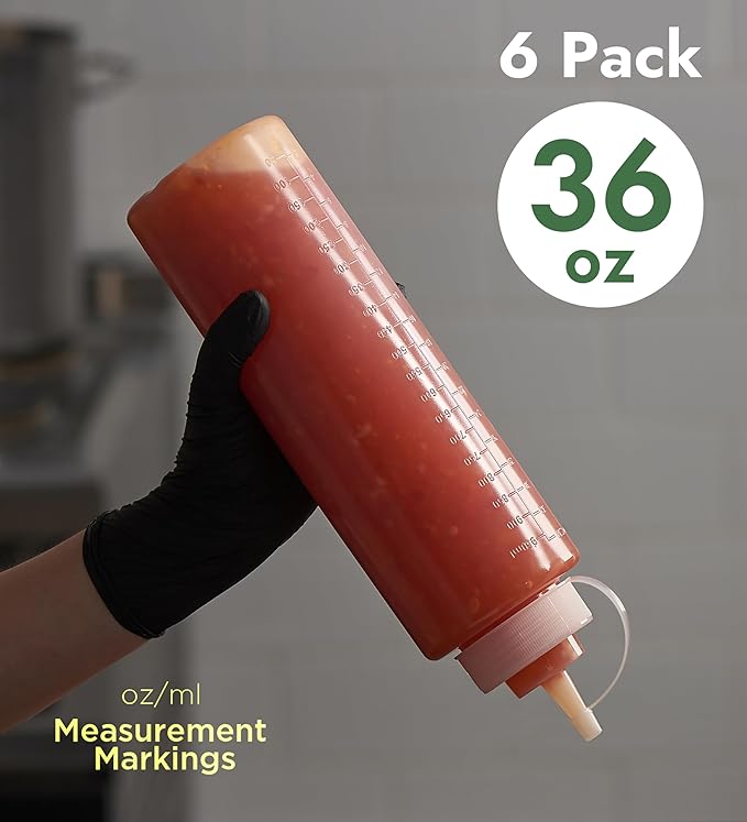 CURTA 6-Pack 36 oz Clear Squeeze Bottle with Cap, BPA-Free Easy-to-Squeeze Plastic Condiment Dispenser with oz & ml Markings for Sauce, Oil, Dressing, Dishwasher Safe, White