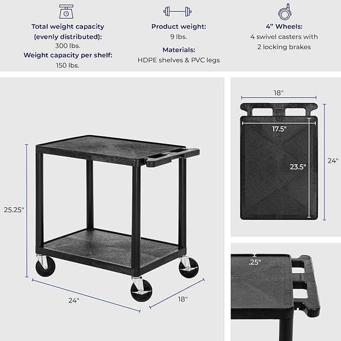 Stand Steady Tubstr Compact 2 Shelf Utility Cart | Made in USA | Easy-Load Flat Shelves Hold Up to 300 lbs | Space-Saving Storage Cart & Rolling Tool Cart for School, Office & Garage (24 x 18in/Black)