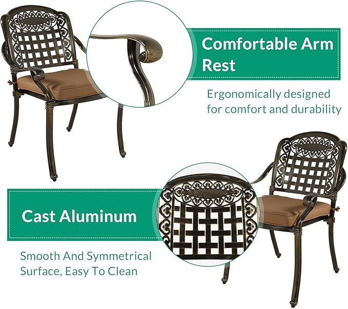 VIVIJASON 3-Piece Outdoor Patio Bistro Set, All-Weather Cast Aluminum Furniture Dining Sets Include 2 Cushioned Chairs and 31" Round Table w/Umbrella Hole for Balcony, Lawn, Garden, Backyard