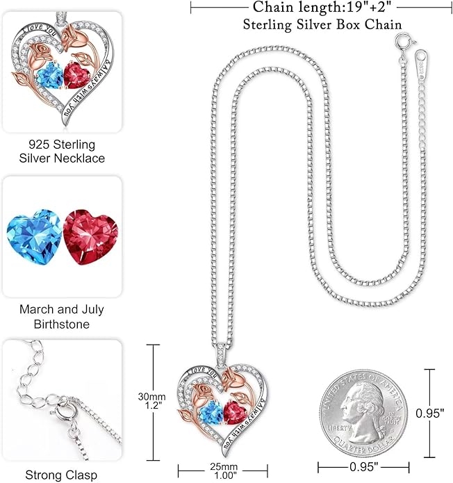 Iefil Christmas Gifts for Women Wife - 925 Sterling Silver Rose Heart Birthstone Necklace Birthday Anniversary Jewelry Gifts for Her Wife Mom Daughter