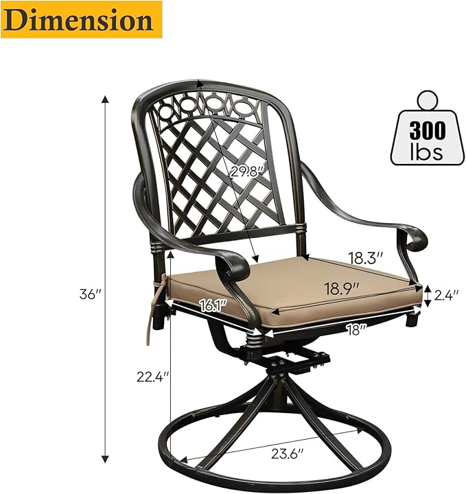 2 Piece Cast Aluminum Outdoor Swivel Dining Chairs, All-Weather Patio Swivel Rocker Chair Sets with Cushion for Garden, Backyard, Poolside, Bistro (Khaki, 2 Pieces)