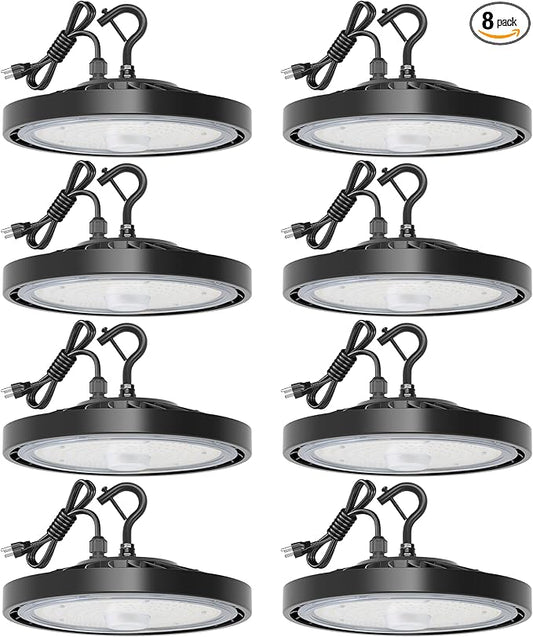 8 Pack LED High Bay Light, Plug & Play Lighting for Warehouse, 5000K Daylight, 150W, Power Cord Included, 24000 LM, 120VAC, IP65 Waterproof Shatterproof Fixture
