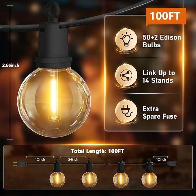 100Ft Chirstmas LED G40 Globe Outdoor String Lights Waterproof Patio Lights with 52 Shatterproof Warm White Bulbs, Hanging Outdoor Light for Backyard Balcony Wedding Christmas Party Decorations