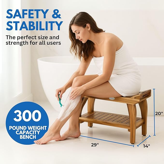 EcoDecors 30 Inch Tranquility Natural Color Waterproof Teak Wood Shower Bench Stool Seat Chair For Inside Shower Storage Shelf Provides Safety, Storage, and Organization For Bathroom Accessories