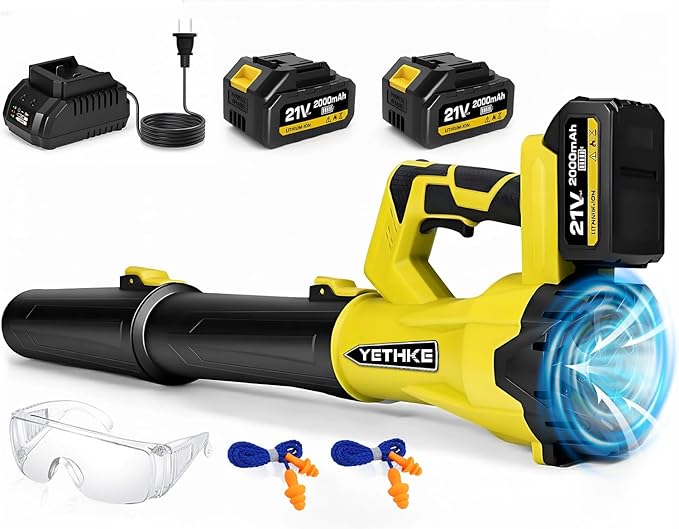 Leaf Blower Cordless, 21V Powerful Electric Blower with 2*4.0Ah Batteries & 1*Fast Charger, 6 Speed Modes, Handheld Lightweight Leaf Blowers for Lawn/Patio/Dust/Leaves, Gift Goggles & Earplugs-Yellow