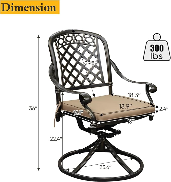 Cast Aluminum Outdoor Swivel Dining Chairs, All-Weather Patio Swivel Rocker Chair Sets with Cushion for Garden, Backyard, Poolside, Bistro (Khaki, 4 Pieces)