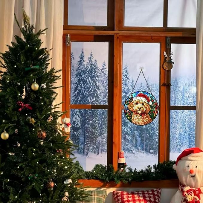Stained Glass Window Hanging - Christmas Tree and A Dog Wearing a Xmas Hat Suncatcher fof Garden Home Decor for Women Mon Grandma Friends