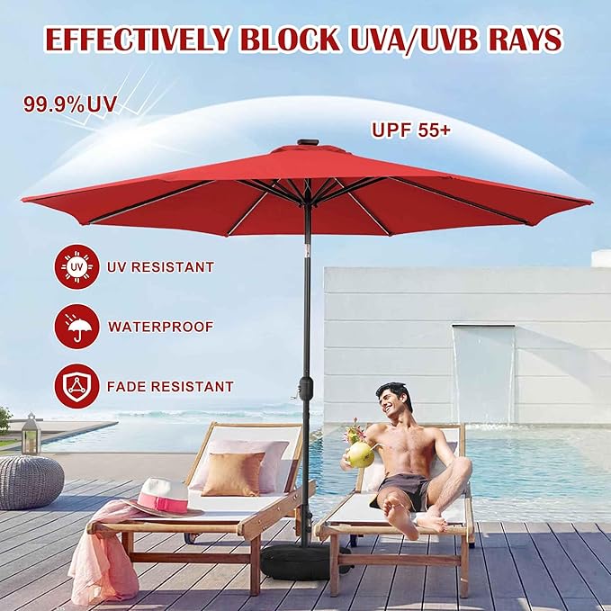 Sundale Outdoor Olefin 5-Year-Non-Fading Solar 80 LED 9 FT Solar Patio Umbrella with Sand Bag Base, Outdoor Umbrella with Tilt and Crank, Red