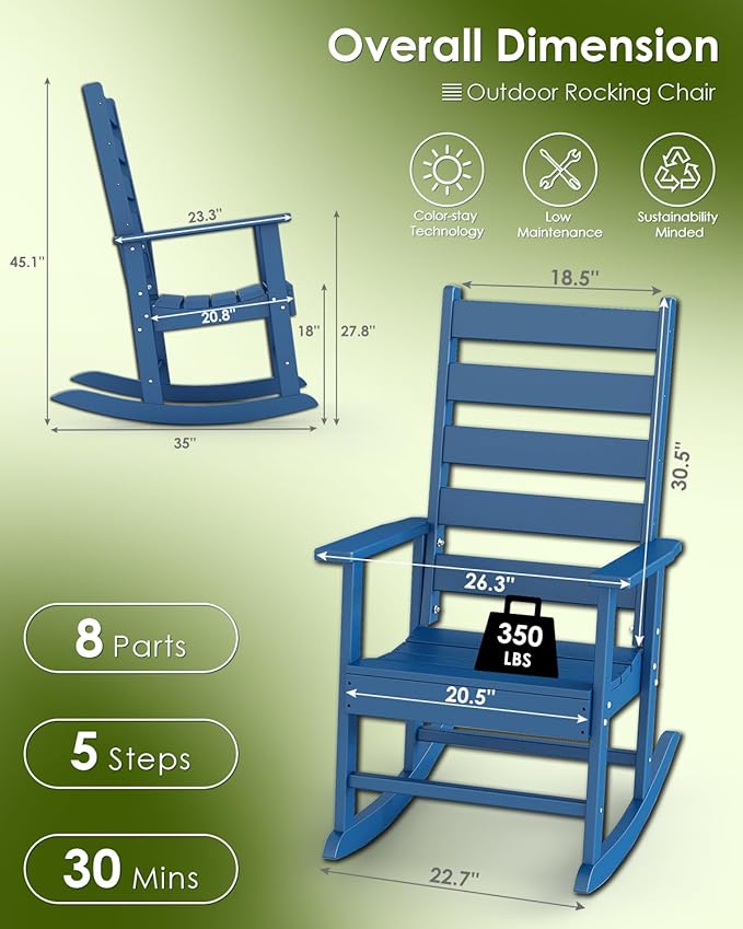 GREENVINES Outdoor-Rocking-Chairs-Set-of-4 | HDPE Plastic | Patio Rockers | Porch Rocker Chair | Shaker | Oversized | High Ladder Back | Big & Tall | PentaLuxe | Blue