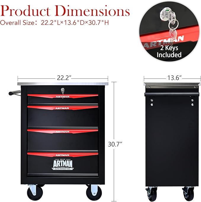 4 Drawers Tool Cart on Wheels,Multifunctional Rolling Tool Storage Chest,Drawer Rolling Trolley Organizer Tool Box for Garage,Workshop,DIY Multiple Interconnectable(4 Drawers-30.5" H)