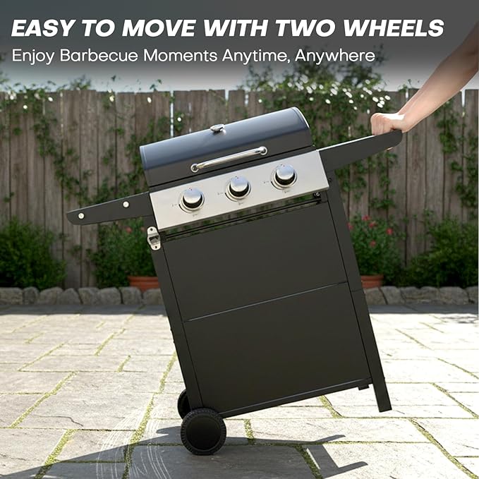 3 Burner Propane Gas Grill, 26,000 BTU Stainless Steel BBQ Grill with Foldable Shelves, Thermometer, Wheels, Ideal for Patio, Backyard, Outdoor Cooking, Barbeque