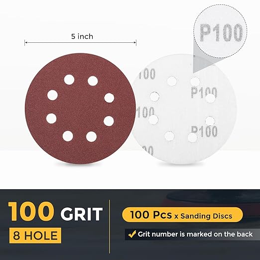 HARFINGTON 100 Pcs 5 Inch Sanding Discs, 100 Grit Hook and Loop Sandpaper, 8-Hole Aluminum Oxide Orbital Sander Sandpaper for Woodworking Automotive Metal Polishing, Red