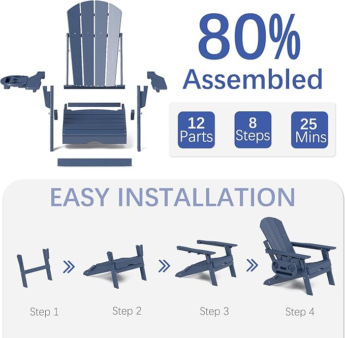 FOOWIN Adirondack Chair with Retractable Ottoman,HDPE Folding Adjustable Adirondack Chair w/4 in 1 Cup Holder Trays,All-Weather Resistant Fire Pit Chair for Outdoor Patio Lawn Set of 4