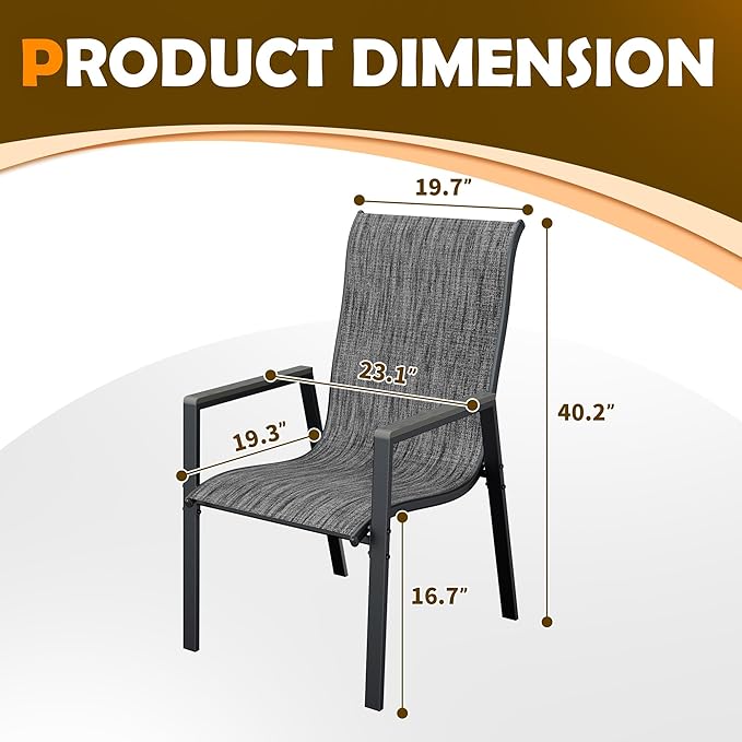 UDPATIO Patio Chairs Set of 4, Outdoor Stackable Chairs with All Weather Breathable Textilene, High Back Metal Frame for Lawn Garden Backyard Deck, Dark Grey