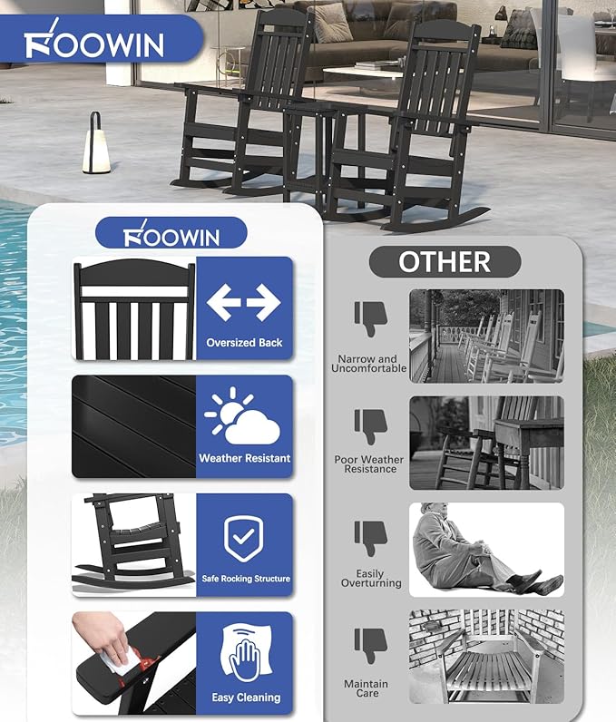 FOOWIN Outdoor Rocking Chair, High Back Patio Rocking Chair, HDPE All Weather Resistant Porch Rocker for Adult, Rocking Chairs for Outdoor, Indoor, Patio, Deck, Garden (Set of 1, Black)