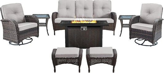 Belord 8 Piece Patio Furniture Set with 50000 BTU Propane Fire Pit Table, Outdoor Conversation Set with 2 Swivel Rocker Chairs Wicker Sofa and Ottomans for Casual Gatherings Beige Cushion