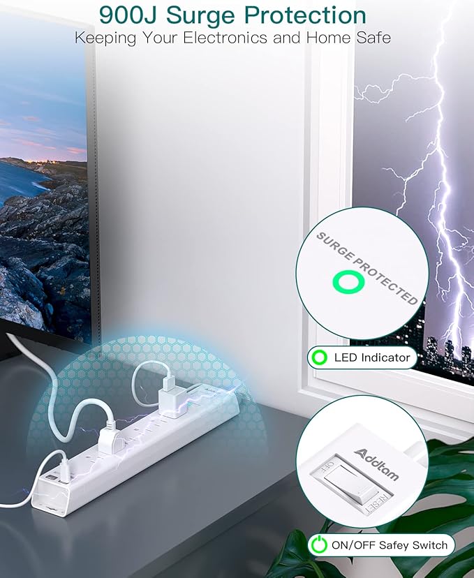 25ft Extension Cord - Flat Power Strip Surge Protector with 6 AC Outlets 4 USB (2 USB C), Wall Mount, 900 J, Multi Plug Outlet Extender for Home Office Dorm Room Essentials
