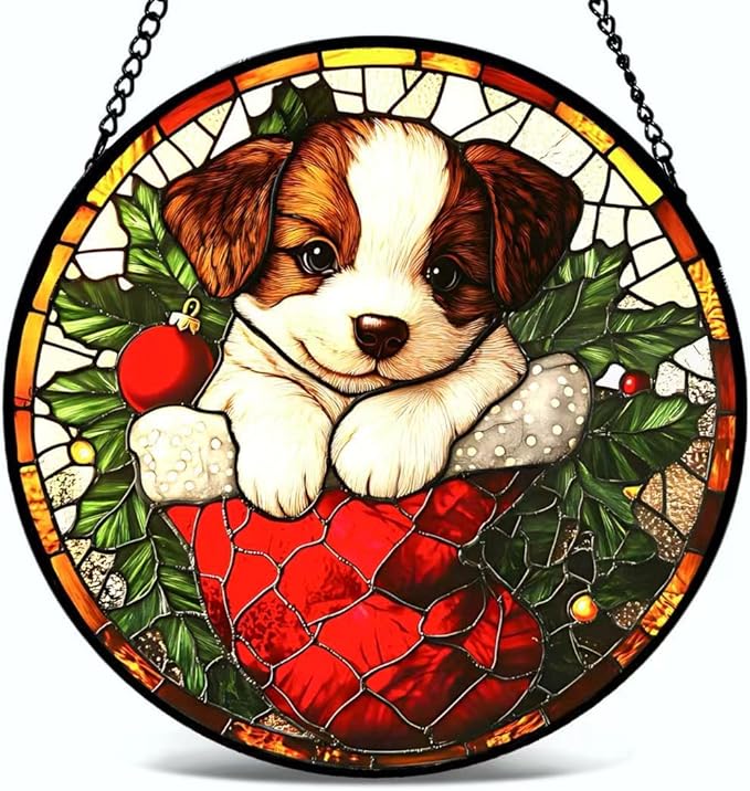 Stained Glass Window Hanging - A Dog in Christmas Stockings Suncatcher fof Garden Home Decor for Women Mon Grandma Friends