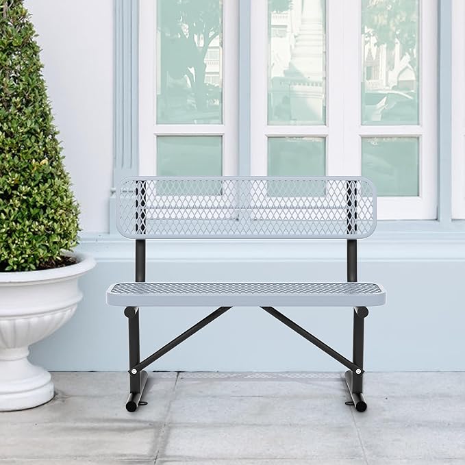 4 Feet Heavy Duty Metal Park Bench for Outside, Outdoor Bench with Backrest & Portable Frame, Commercial Benches for Shopping Malls, Stores, Parks, Patios, Decks, Grey