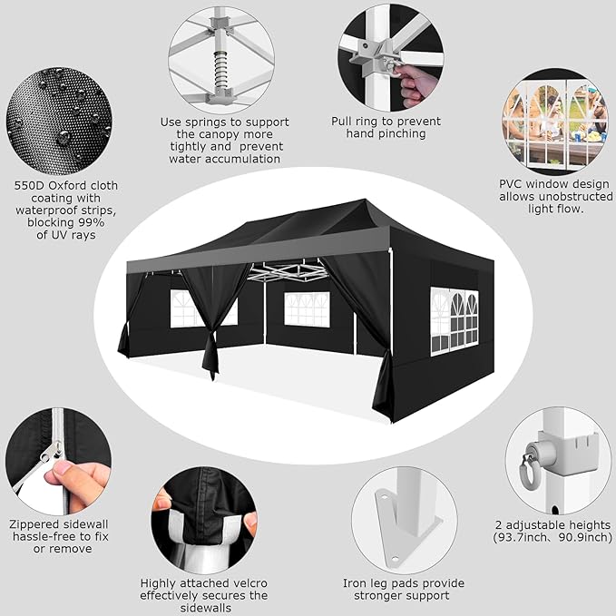 COBIZI 13x26 Pop up Canopy Heavy Duty with 6 Sidewalls, Easy Set-up Commercial Outdoor Party, 100% Waterproof Wedding Canopy Gazebo, 2 Height Adjustable with Wheeled Bag,Black