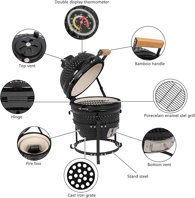 Outvita Ceramic Grill, 13" Round Kamado Charcoal Grill, Portable Barbecue Grill with Thermometer for Variations on Cooking Methods(Black)