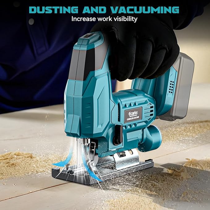 Ecarke Cordless Jig Saw Compatible With Makita 18V Battery, Brushless, 7 Speeds Dial Control, 4 Orbital Sets, Dust-Blowing, ±45° Bevel Cuts, LED Light and 6PCS Blades For Cutting (Without Battery)