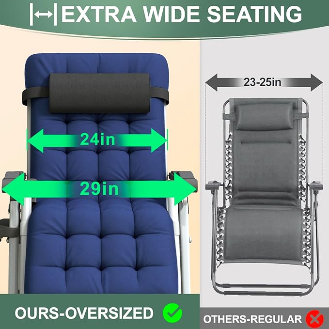 XL Zero Gravity Lounge Chair 29", Oversized Padded Folding Recliner for Patio with Storage Bag, Removable Cushion, Footrest, Full Aluminum Lock & Large Cup Holder, Supports 450 lbs, Blue