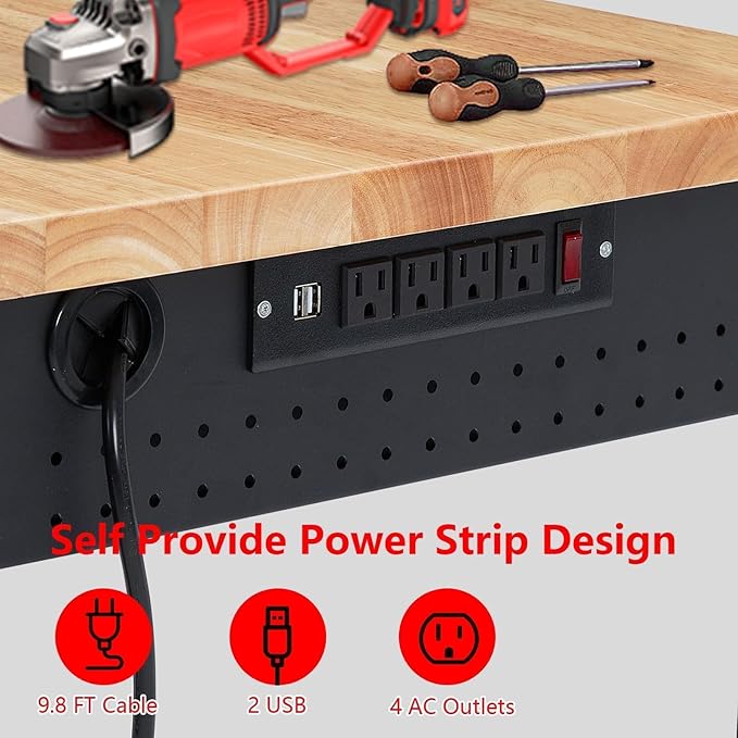 72"x25" Garage Workbench - 2000LB Capacity Work Bench with Rubberwood Top, Locking Wheels & Power Outlets, 27.8"-39.5" Height, Heavy-Duty Adjustable Workbench for Workshop/Home DIY