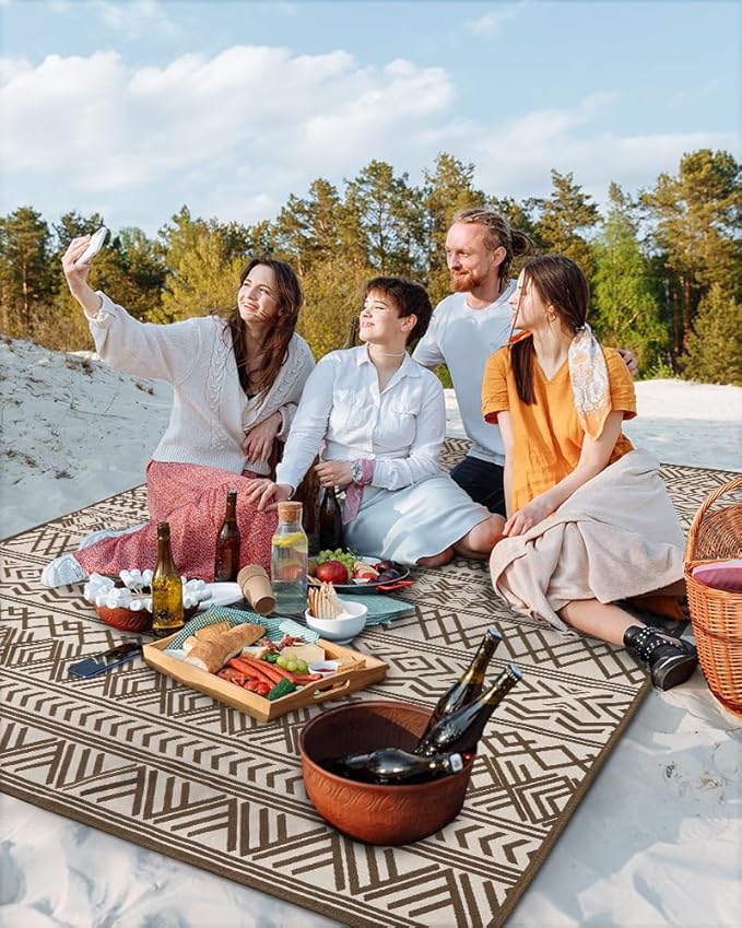 Outdoor Rug Carpet 8x10 ft, Flatweave Textured Outdoor Patio Rug Non Slip Indoor Outdoor Rugs with Rubber Particles Backing Boho Outdoor Area Rug for Patio Deck Front Porch Backyard Balcony, Brown