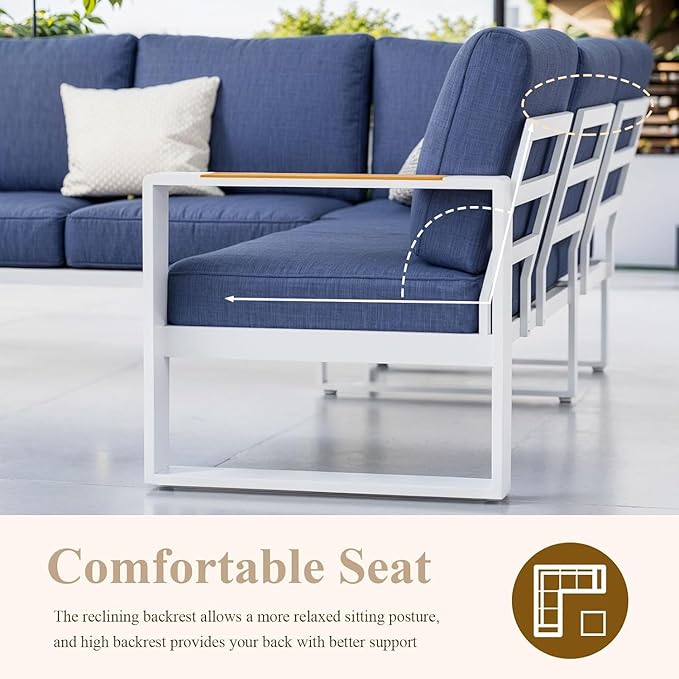 Aluminum Patio Furniture Set, All-Weather Outdoor Couch Sectional, L Shaped Patio Conversation Sets, Metal Corner Sofa with Teak Coffee Table (Cushion: Blue., White Frame)