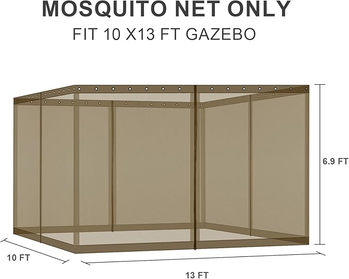 BPS 10' x 13' Gazebo Universal Mosquito Netting Screen Replacement, 4-Panel Screen Walls with Double Zippers for Outdoor Patio, Brown (Mosquito Net Only)