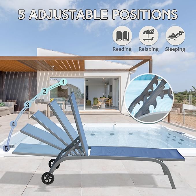 Domi Pool Lounge Chairs Set of 2, Adjustable Aluminum Outdoor Chaise Lounge with Wheels Patio Lounge Chairs, All Weather for Deck Lawn Poolside Backyard-Navy Blue Textilene