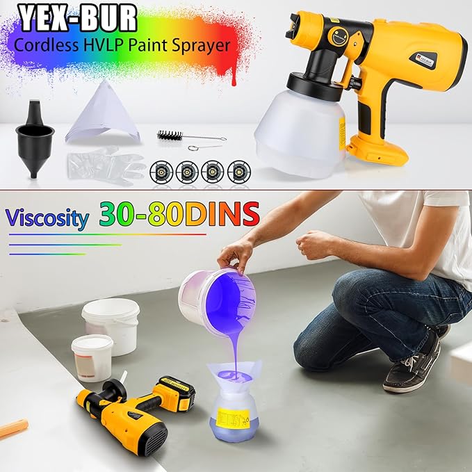 YEX-BUR Cordless Paint Sprayer for Dewalt 20v Battery, Spray Gun, 200W Paint Sprayer for Home Interior and Exterior, House Painting(Battery Not Included)