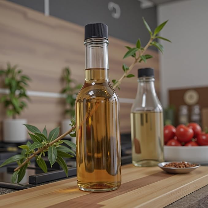 Ahhute Sauce Bottles, 5oz Small Olive Oil Bottles with Shrink Capsules, Mini Vanilla Wine Bottle for Wedding Favors Gifts, Glass Hot Sauce Bottles w/Black Caps and Silicone Funnel, Set of 24
