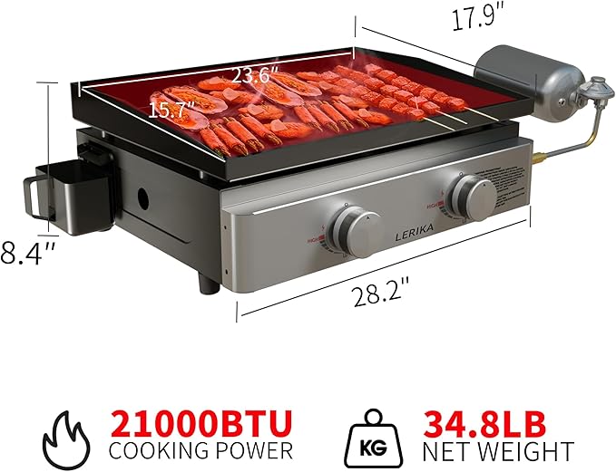 LERIKA 23" Tabletop Propane Gas Grilddle With Lid for Outdoor Kitchen Barbecue Grill, Non Stick Enamel/Durable Stainless Steel/1 Burner Portable Flat Top Grills