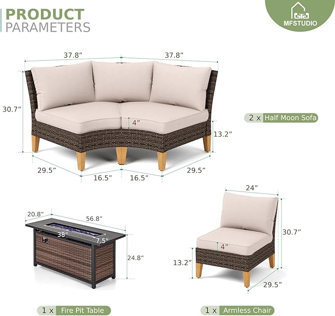 MFSTUDIO 6 Pieces Wicker Patio Furniture Set with 56" Fire Pit Table, All-Weather Rattan Patio Conversation Set Outdoor Half-Moon Sectional Sofa Set, 4 x Curved Sofa, 1 x Armless Sofa(Beige Cushion)