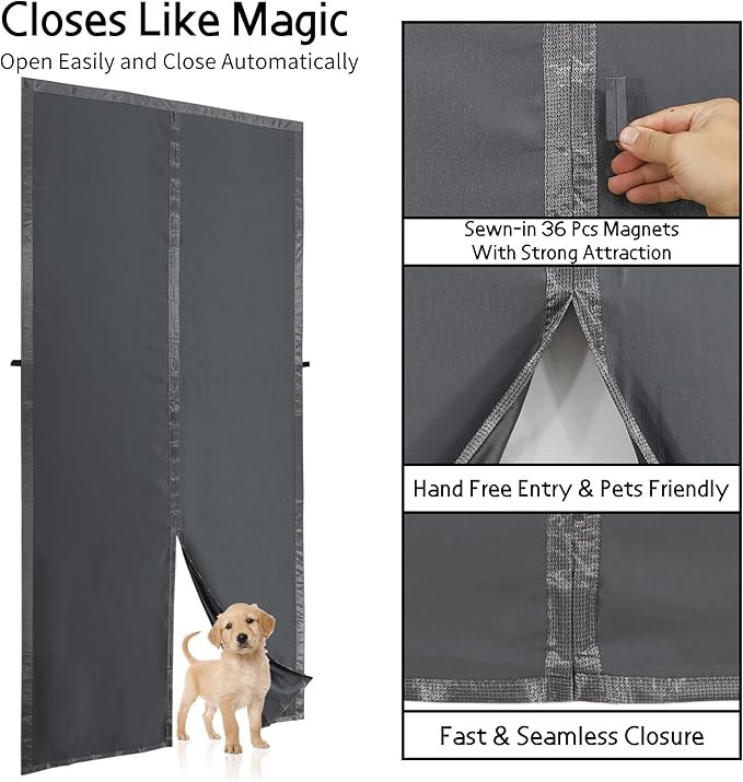 Magnetic Thermal Insulated Door Curtains,Thicker Layered Fabric Folding Door for doorways,Temporary Attic Insulation Cover,Dark Grey Fabric doorways Cover, Draft Stopper for Summer Winter