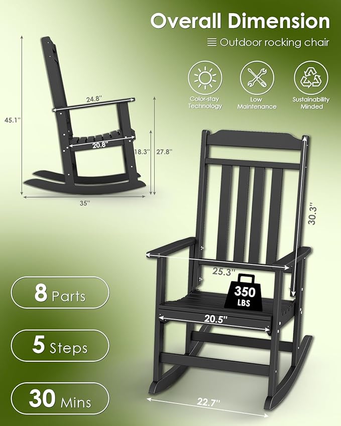 GREENVINES Outdoor-Rocking-Chair | HDPE Plastic | Patio Rockers | Porch Rocker Chairs | Oversized | High Back | Big & Tall | Black