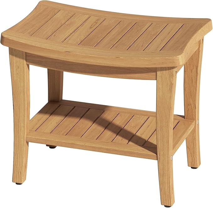 OTSUN Waterproof Teak Shower Bench with Shelf & Non-Slip Feet, Heavy Duty Shower Chair for Inside Shower, Shower Stools for Seniors