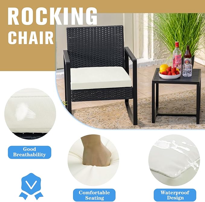 WWR 3 Pieces Outdoor Patio Furniture Set Rocking Wicker Rattan Chair Set Patio Bistro Conversation Set 3 Pcs with Coffee Table for Yard & Bistro (Sand)