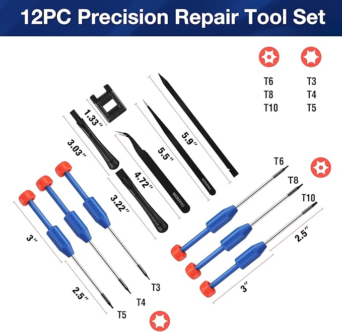 WORKPRO 12 in 1 Torx Screwdriver Set with T3 T4 T5 T6 T8 T10 Security Torx Bit & Precision Magnetic Screwdrivers, Tweezers,Pry Bars, Spudger for Eyeglass, Watch, Computer, Phone, with Case
