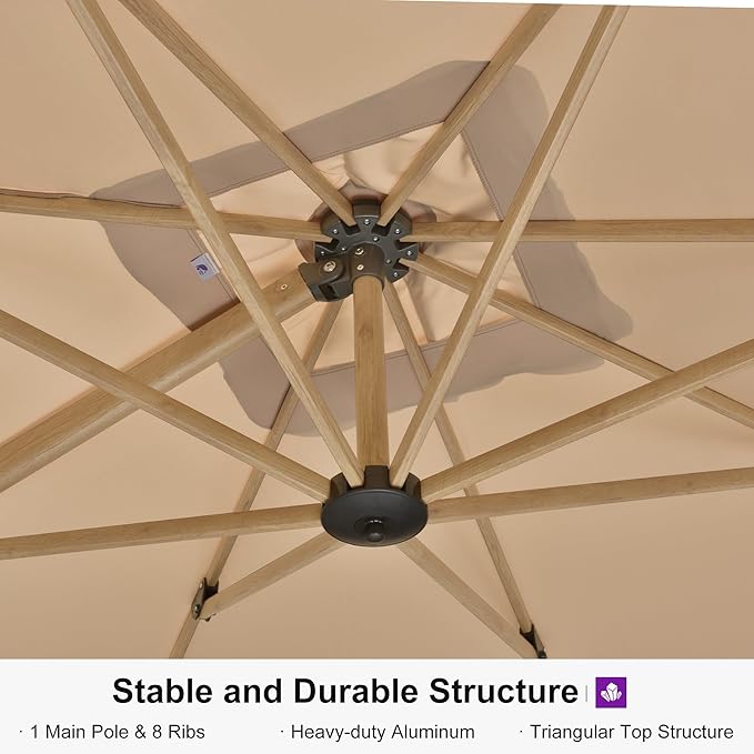 PURPLE LEAF 10FT Patio Umbrella Square Cantilever Umbrella Teak Finished Aluminum Frame Large Windproof Offset Outdoor Sun Umbrellas for Beach Pool Deck, Beige