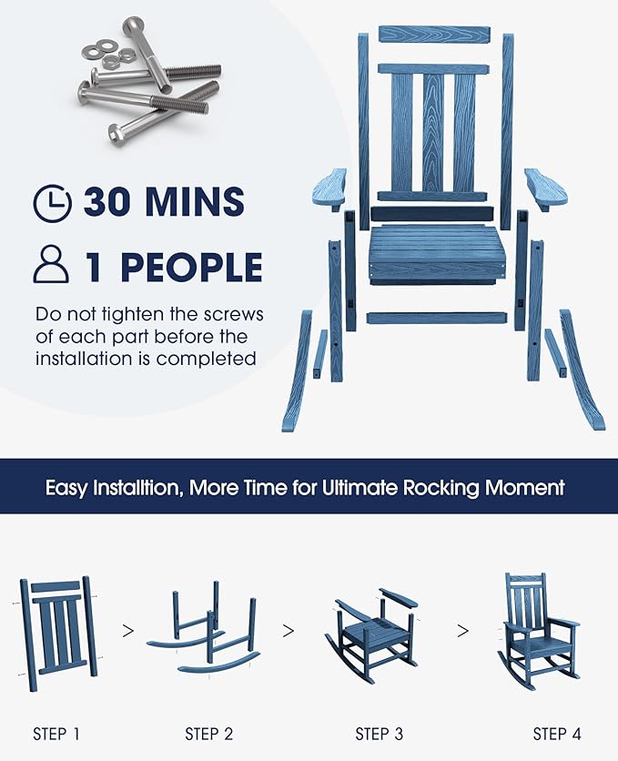 KINGYES Oversized Outdoor Rocking Chair Set of 6, All-Weather Patio Rocking Chairs for Porch, HDPE Outdoor Patio Rockers with High Back & Wide Seat for Garden, Lawn, Blue