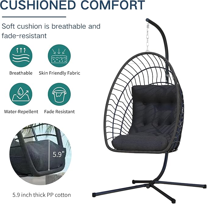 Kingdura Hanging Egg Chair with Stand Indoor Outdoor, Foldable Rattan Wicker Hammock Egg Swing Chair for Bedroom Porch Patio Garden, Thickened Cushion, 350LBS Capacity, Heavy Duty Frame