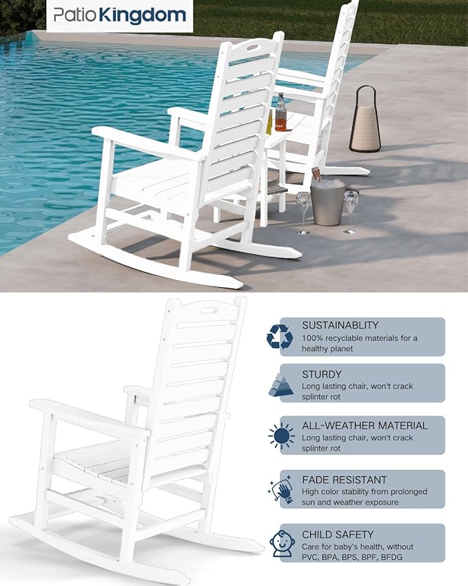 Outdoor Rocking Chairs Set of 2 with Footrest, HDPE Modern Rocking Lawn Chair for Garden, Poolside, Deck (White)