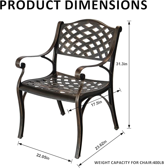 Cast Aluminum Patio Chairs Set of 2, Outdoor Dining Chairs, All-Weather Metal Patio Chairs, Patio Bistro Chairs with Armrest for Garden Backyard Porch Balcony Lawn Pool