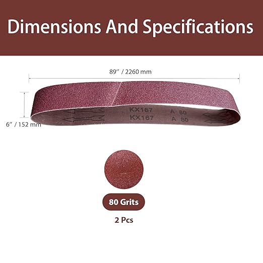 6x89 Inch Sanding Belts, 2Pcs 80 Grit Aluminum Oxide Abrasive Belts Multi-Grit Assortment for Wood & Metal Sanding/Polishing (2, 6x89 In-80Grit)
