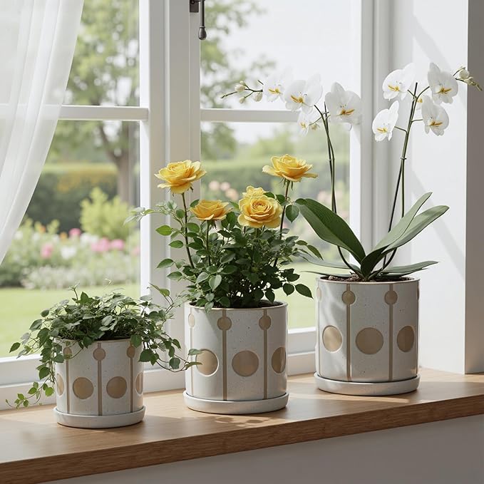 Ceramic Plant Pots Planters with Drainage Hole and Saucer Indoor Flower Pot Set with Hole Mesh Pad and Silicone Plug 4.72 + 5.51 + 6.5 Inch