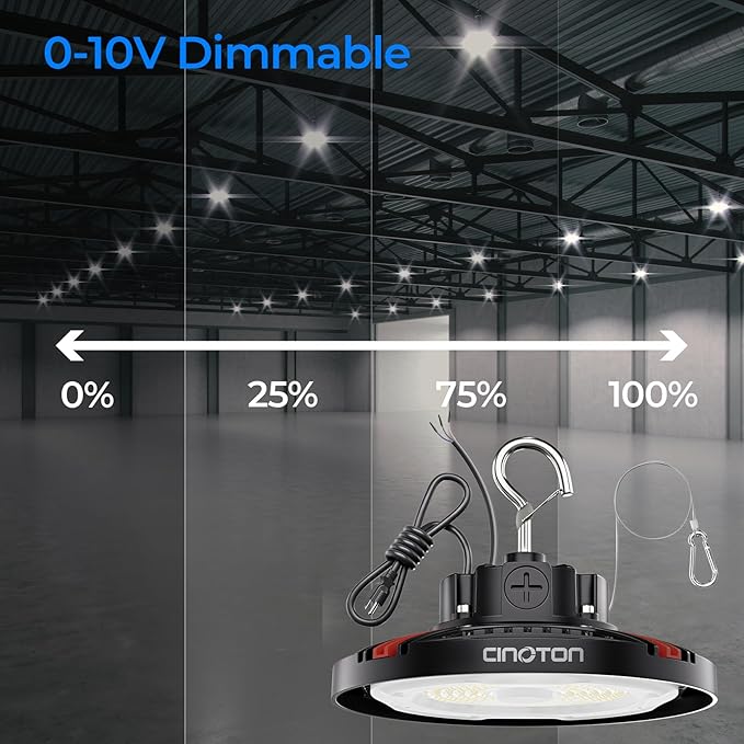 CINOTON UFO LED High Bay Light, 160W/120W/80W Switchable, AC100-277V LED Shop Lights with US Plug, 24000LM Dimmable 0-10V Commercial Bay Lighting for Garage Workshop 5000K Daylight-UL Listed, 4 Pack